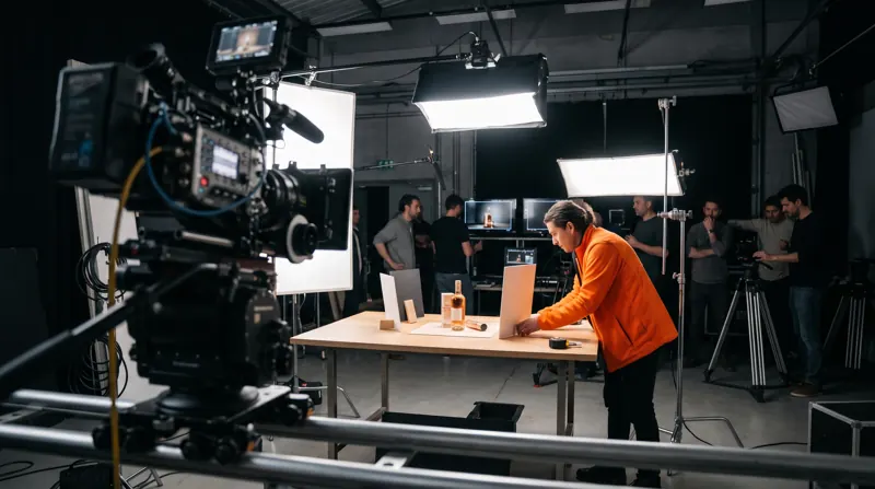 Bastidor de filmagem da Faísca: câmera de cinema, luzes e equipe no set