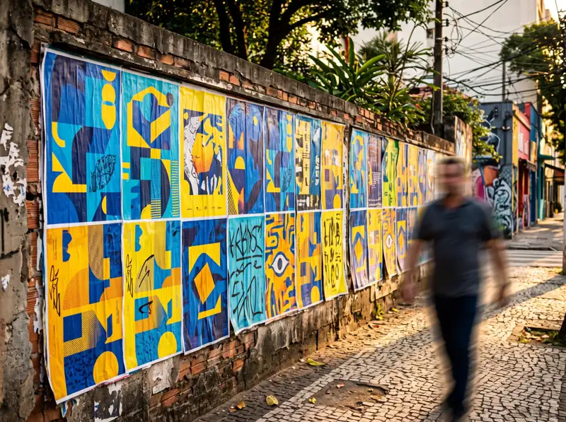 Muro de rua coberto de cartazes lambe-lambe coloridos