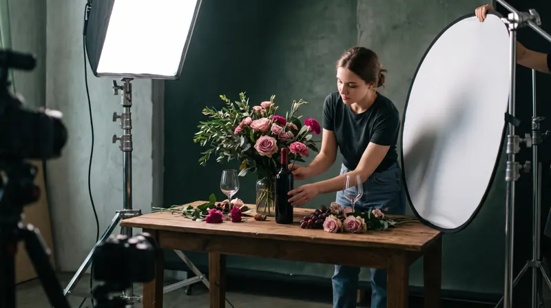 Produtora arrumando flores e vinho num set de still